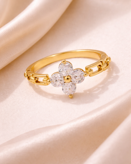 Crystal Flower Chain Gold Ring