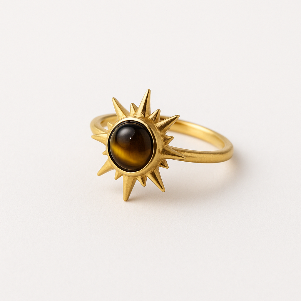 Solar Guardian Ring – Golden Sunburst with Tiger’s Eye