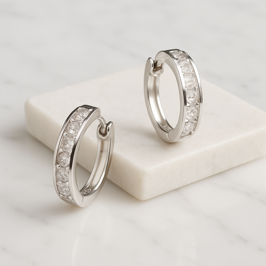 Silver crystal Minimalist Sparkle Hoop Earrings