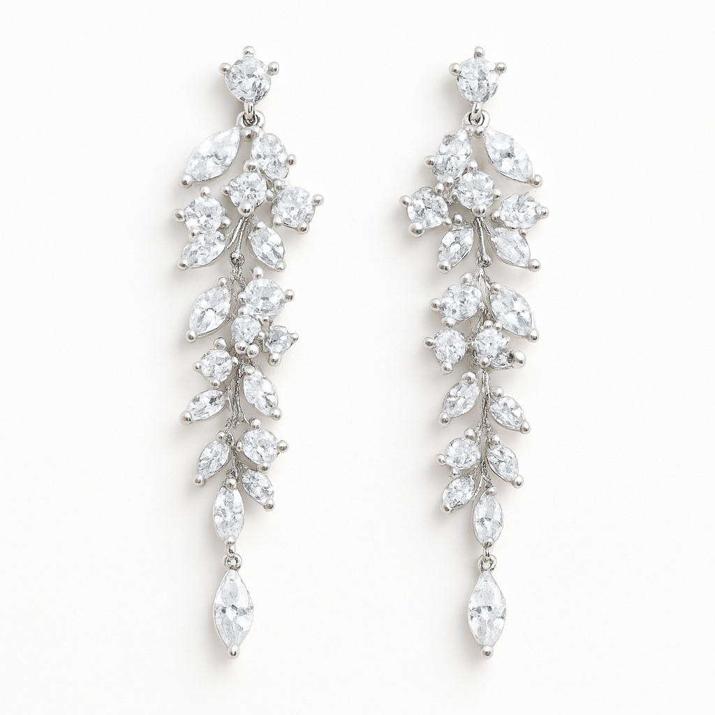 Celestine Leaf Cascade Earrings – Silver Marquise Crystal Drops