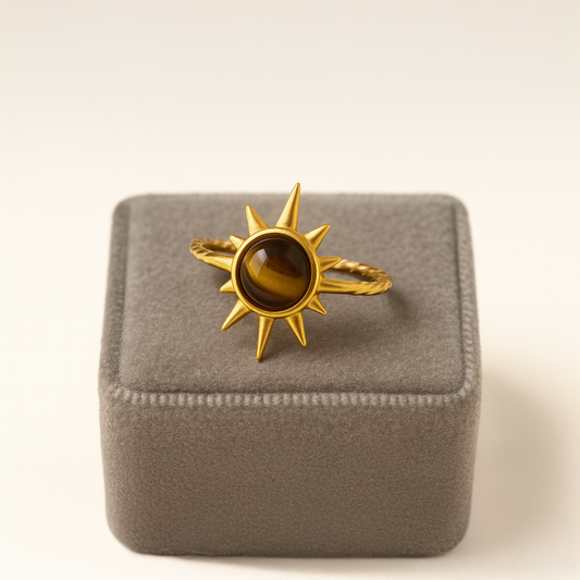 Solar Guardian Ring – Golden Sunburst with Tiger’s Eye