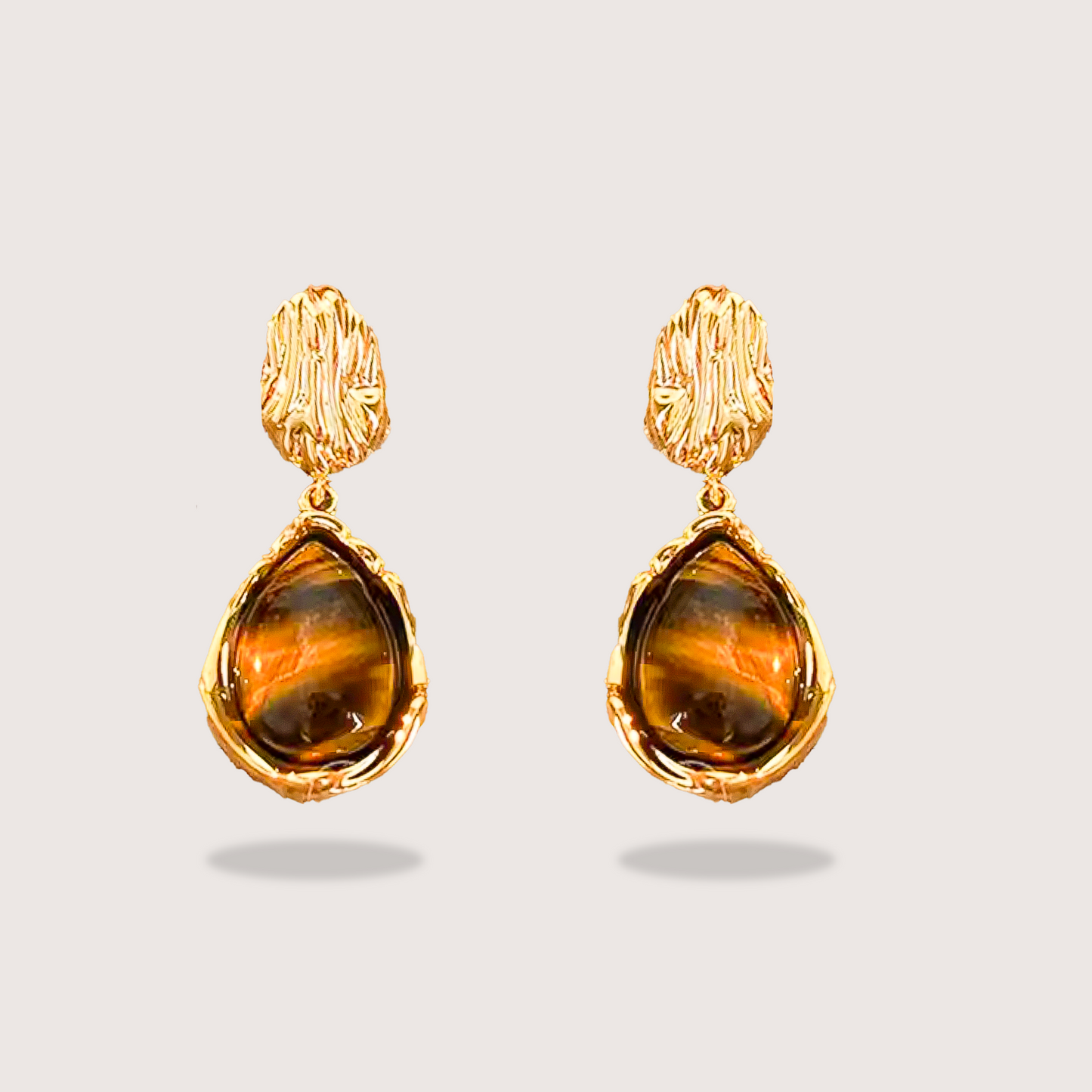 Golden Ember Tiger’s Eye Earrings – Vintage Sculpted Metal