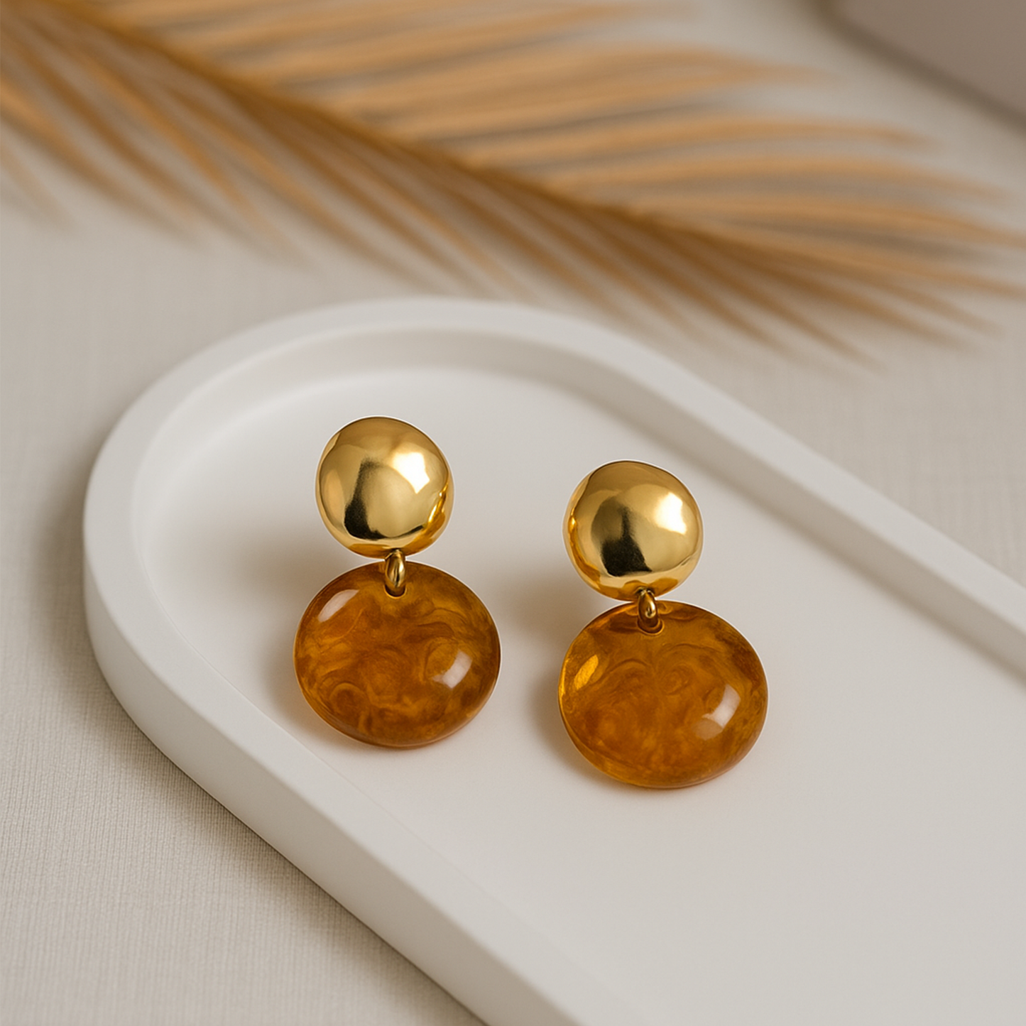 Honey Glow Drop Earrings – Vintage Gold Dome & Amber Resin