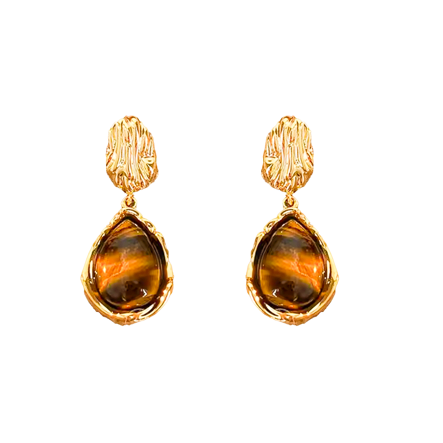 Golden Ember Tiger’s Eye Vintage Sculpted Metal Earrings