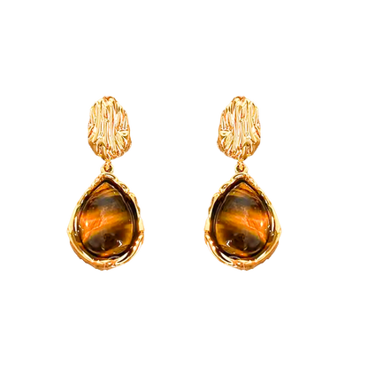 Golden Ember Tiger’s Eye Vintage Sculpted Metal Earrings