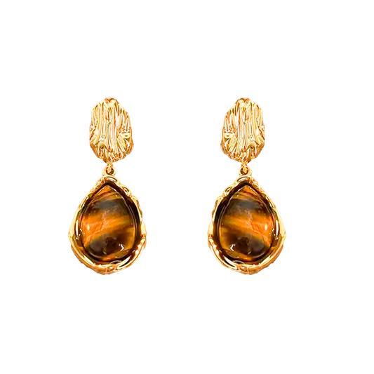 Golden Ember Tiger’s Eye Vintage Sculpted Metal Earrings