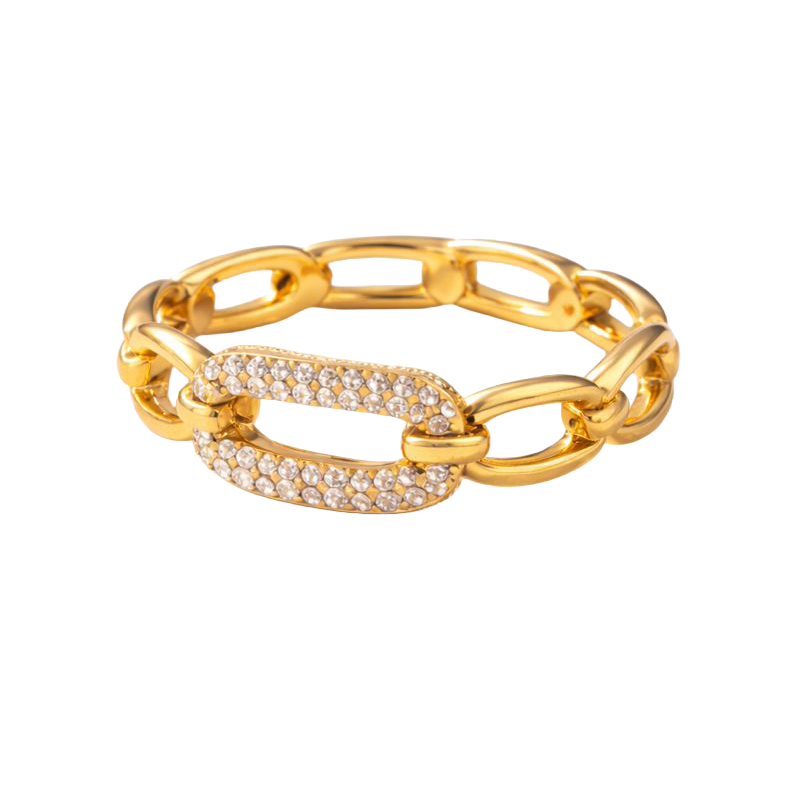 Gold chain bracelet with embedded stones on a white background