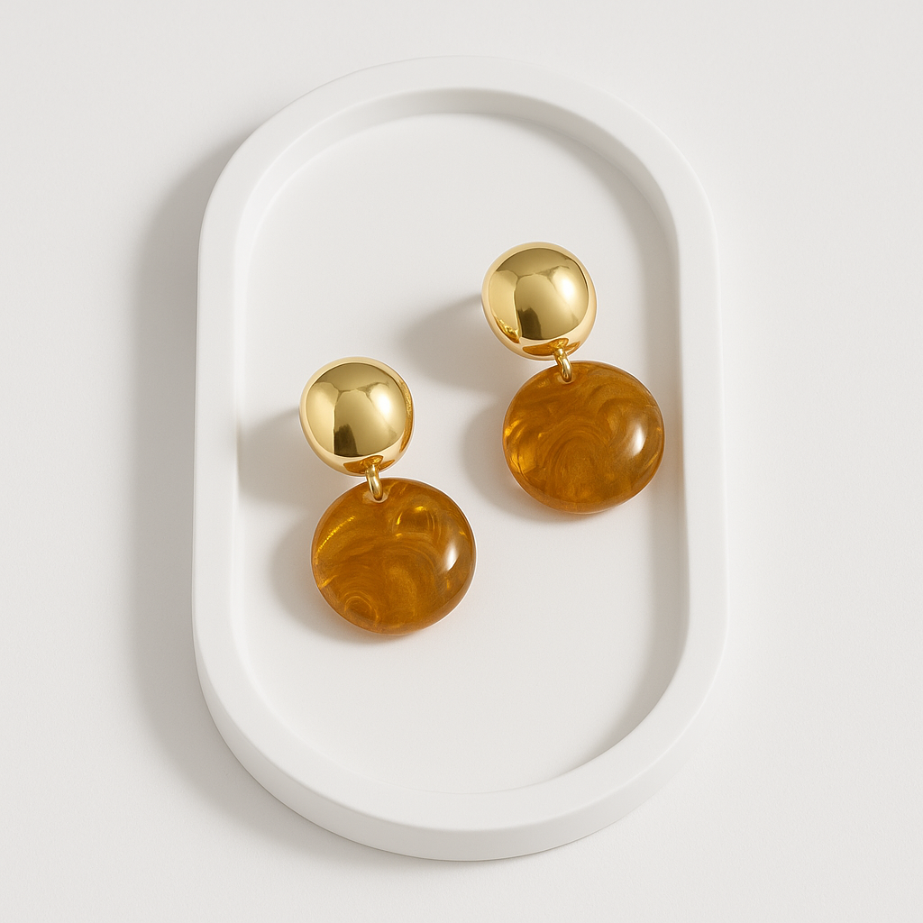 Honey Glow Drop Earrings – Vintage Gold Dome & Amber Resin