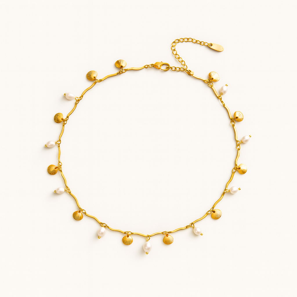 Ocean Muse Necklace – Gold Seashell Charms & Freshwater Pearls