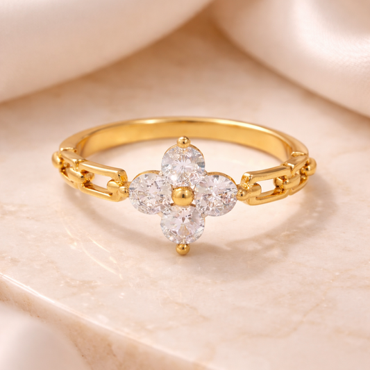 Crystal Flower Chain Gold Ring