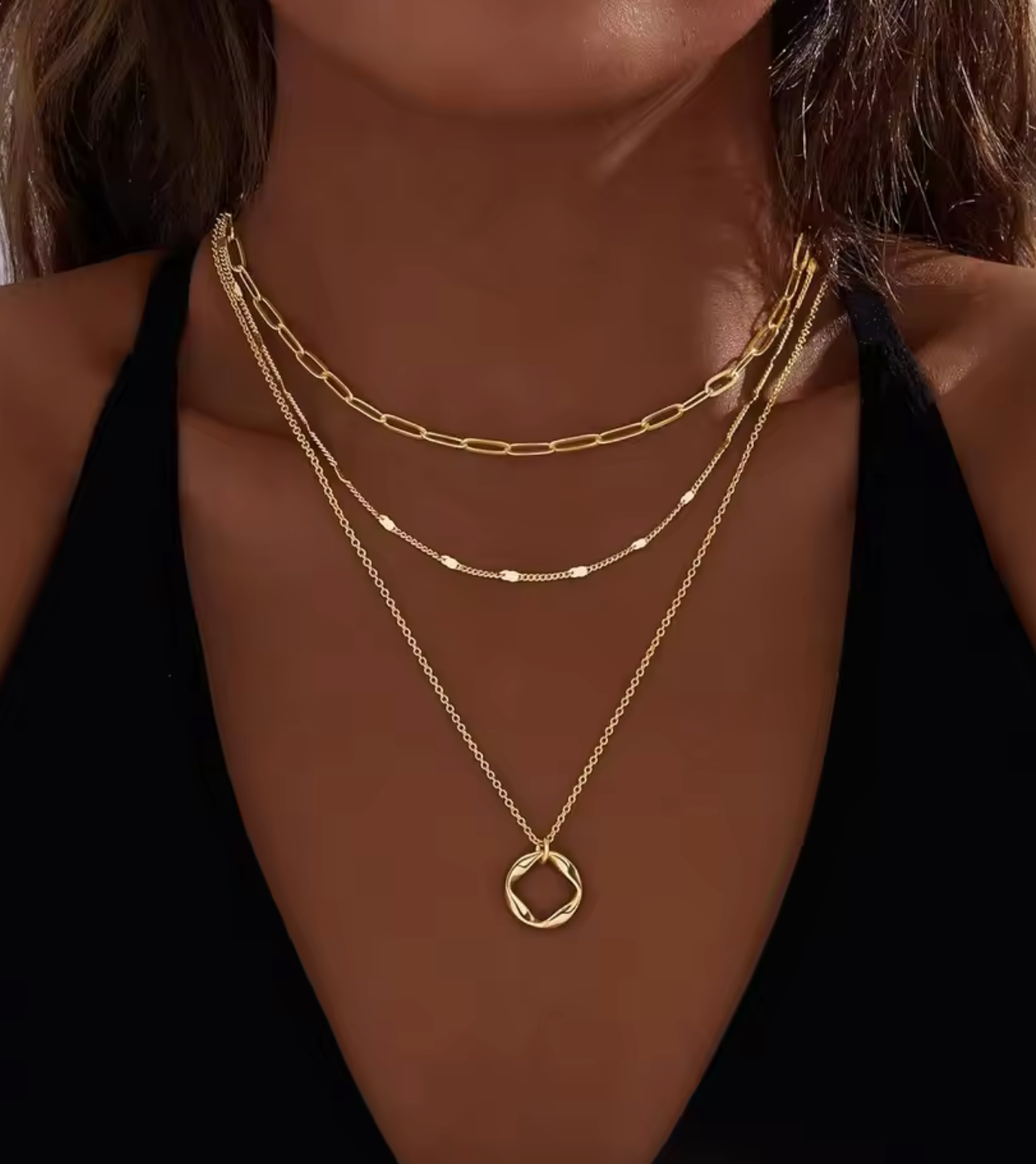 Cascade Trio Necklace – Layered Chains with Organic Pendant