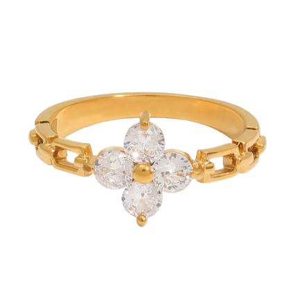 Crystal Flower Chain Gold Ring