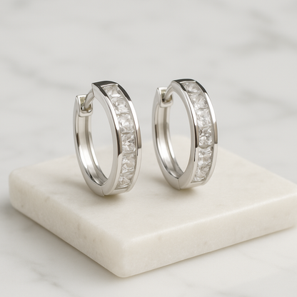 Silver crystal Minimalist Sparkle Hoop Earrings