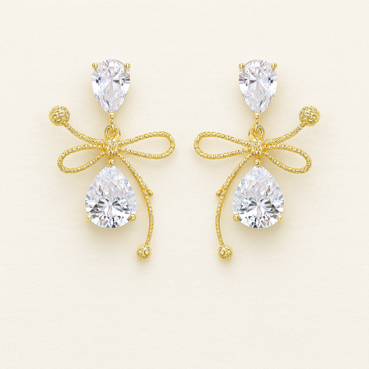 Aurora Ribbon Drop Earrings – Gold Bow & Pear-Cut Crystal Elegance