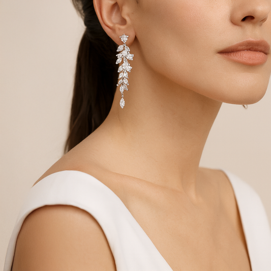 Celestine Leaf Cascade Earrings – Silver Marquise Crystal Drops