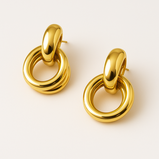 Golden Linked Ring Drop Earrings – Sculpted Dome Metal
