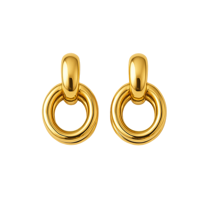 Golden Linked Ring Sculpted Metal Drop Earrings
