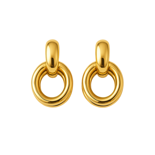 Golden Linked Ring Sculpted Metal Drop Earrings