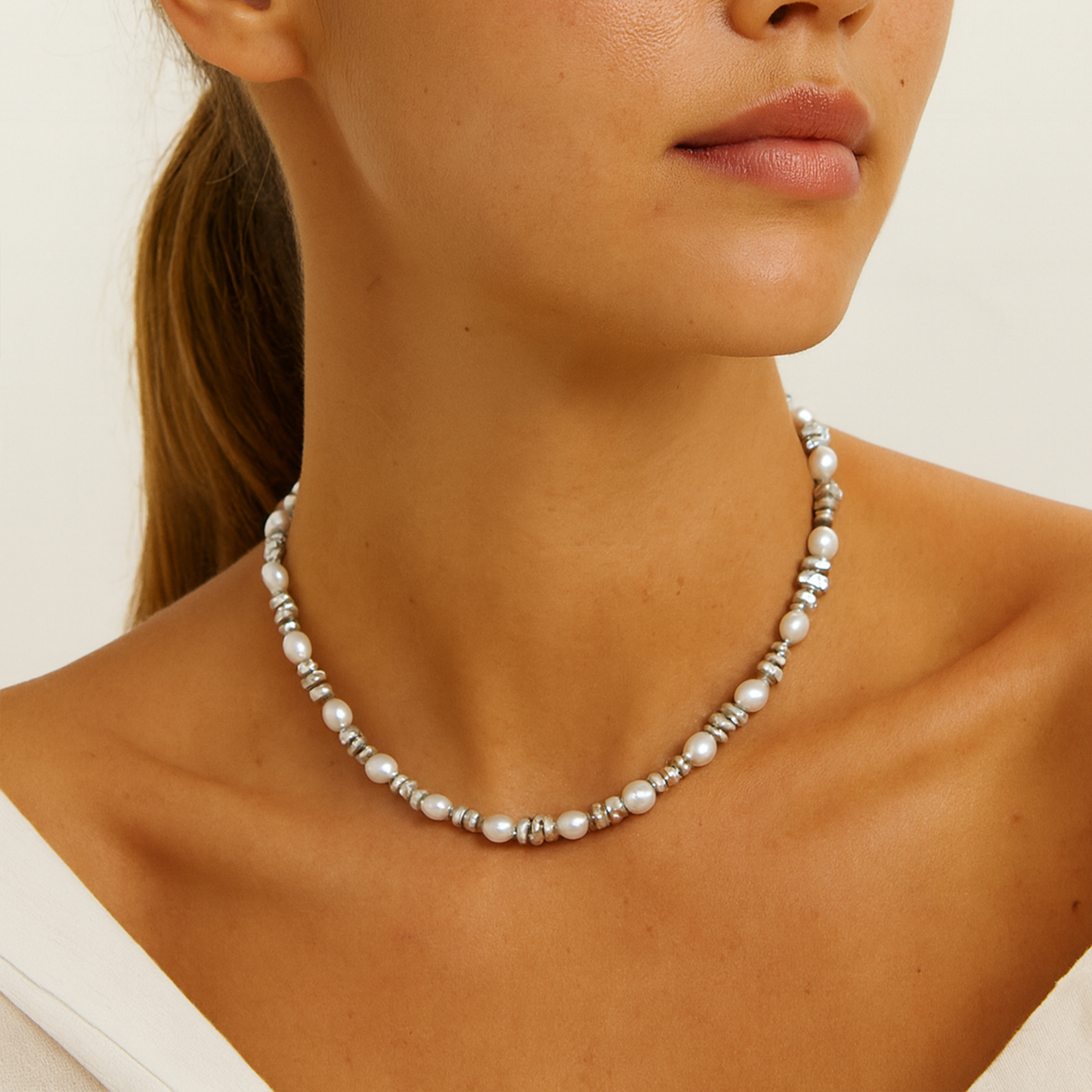 Tidal Pearl Harmony Necklace – Modern Metal Beads & Freshwater Pearls