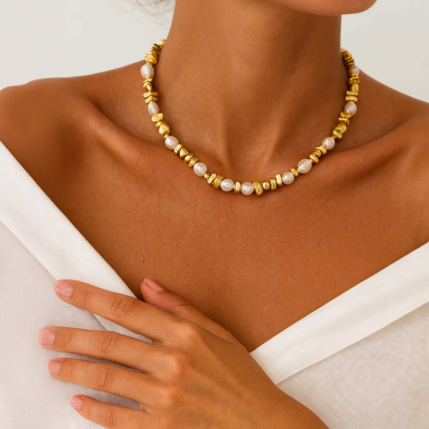 Tidal Pearl Harmony Necklace – Modern Metal Beads & Freshwater Pearls