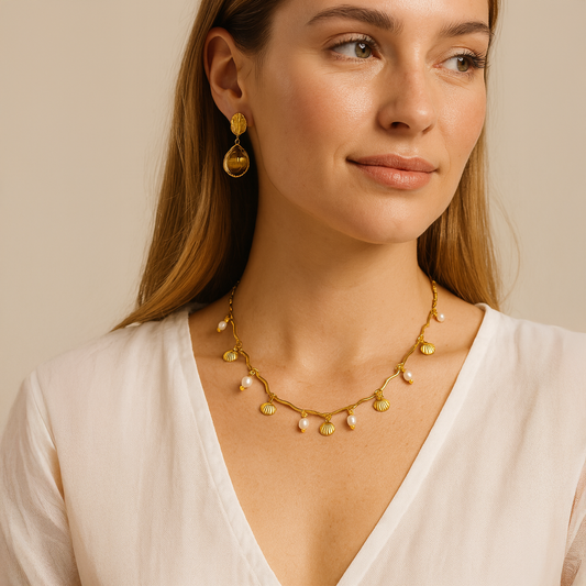 Ocean Muse Necklace – Gold Seashell Charms & Freshwater Pearls